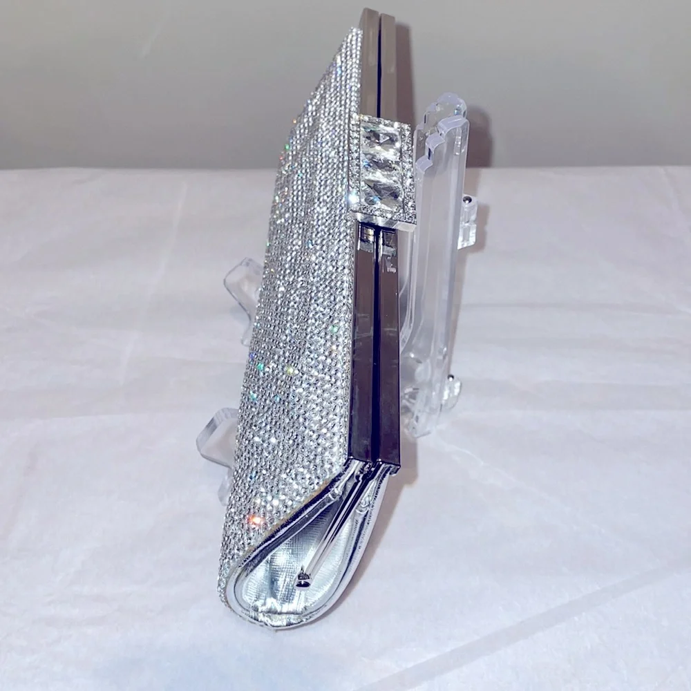 Mettalic Silver and Rhinestone Embellished Clutch or Crossbody Bag 9”x4”